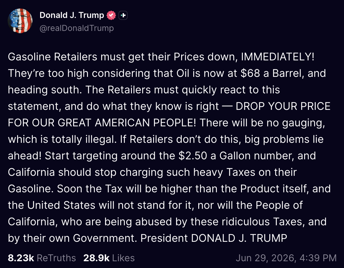 Social post from Donald J. Trump demanding gasoline retailers drop prices immediately, dated June 29, 2026